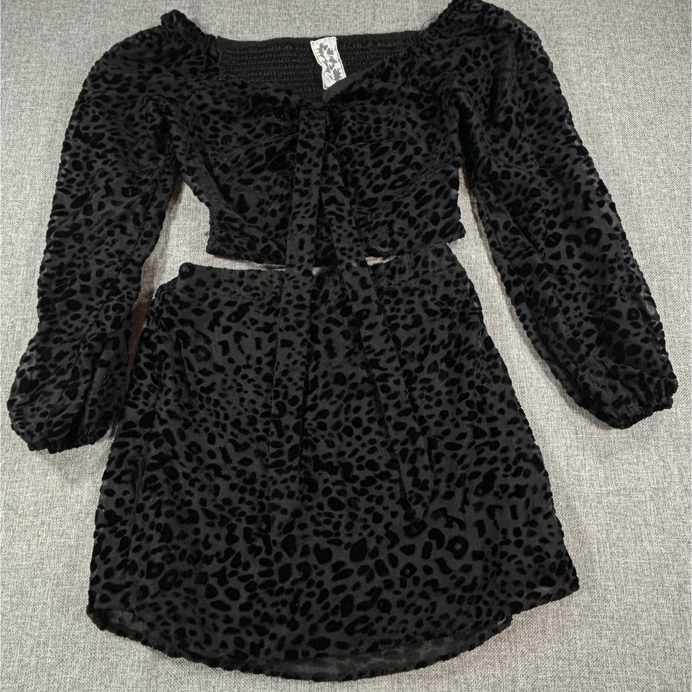 Sadie & Sage 2 Piece Set S Black Velvet Leopard Crop Top Mini Skirt Y2K Gothic
